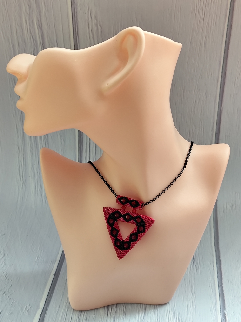 Handmade Red Triangle Pendant Necklace with Black Accents